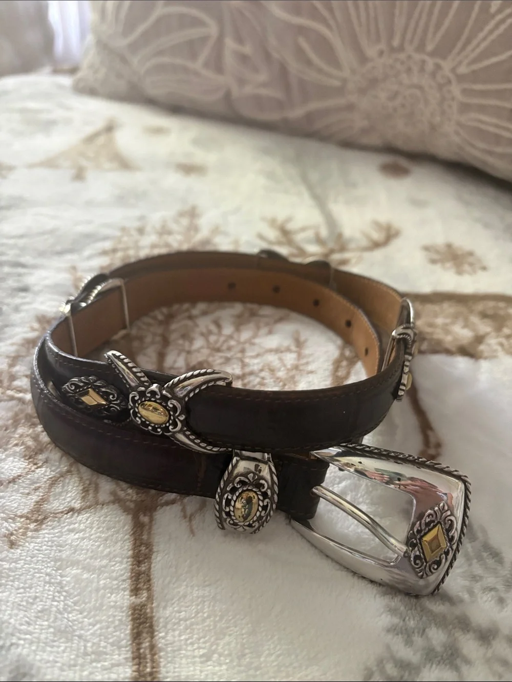 Brighton Brown western reptile Leather Women's Concho Belt Silver & Gold  32 ML